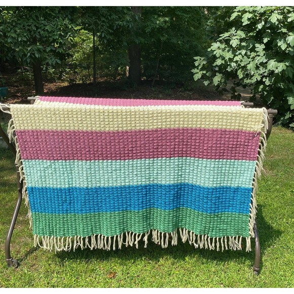 Handmade crochet striped multicolor heavyweight throw blanket afghan 84”x72” - Picture 1 of 10
